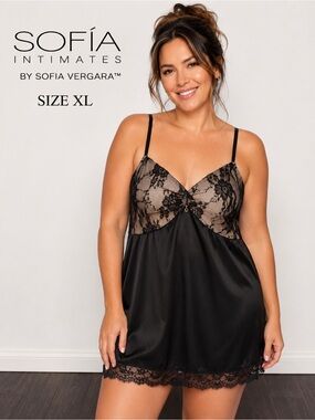 Sofia Intimates XL Black Lace Satin Chemise Babydoll Lingerie Nightgown